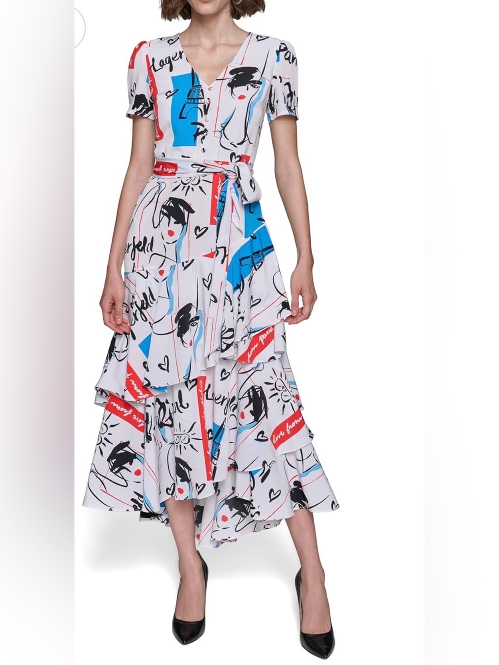 Karl Lagerfeld White Graphic High-Low Ruffle Skirt with Blue & Red Accents